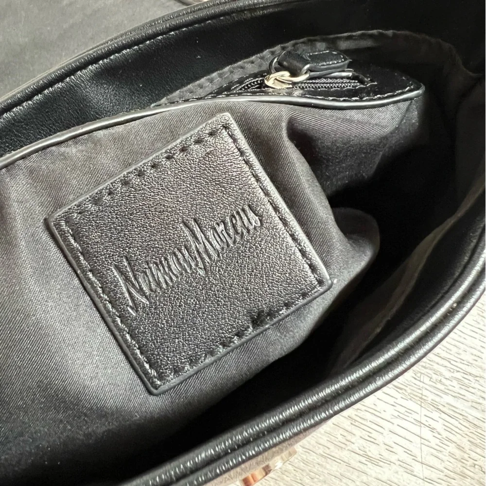 Neiman Marcus Black Fringe Faux Leather Crossbody Purse